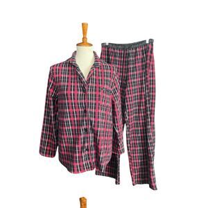 DKNY Pajama Set Size L Red Plaid Holiday Flannel Cozy Pockets